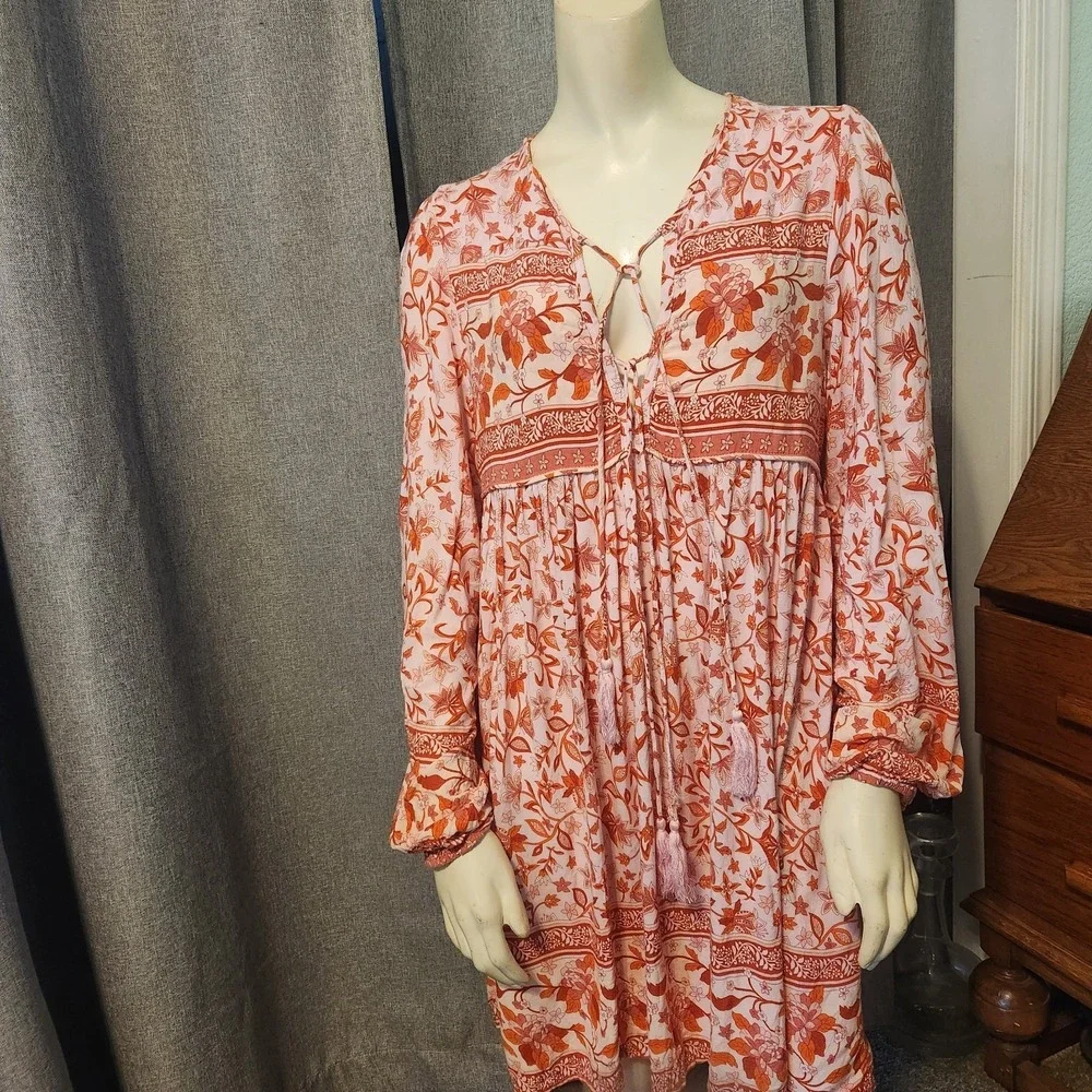 R.Vivimos Dress Medium Pink Red White Floral‎ Boho Peasant Tassel Tie Midi SZ L